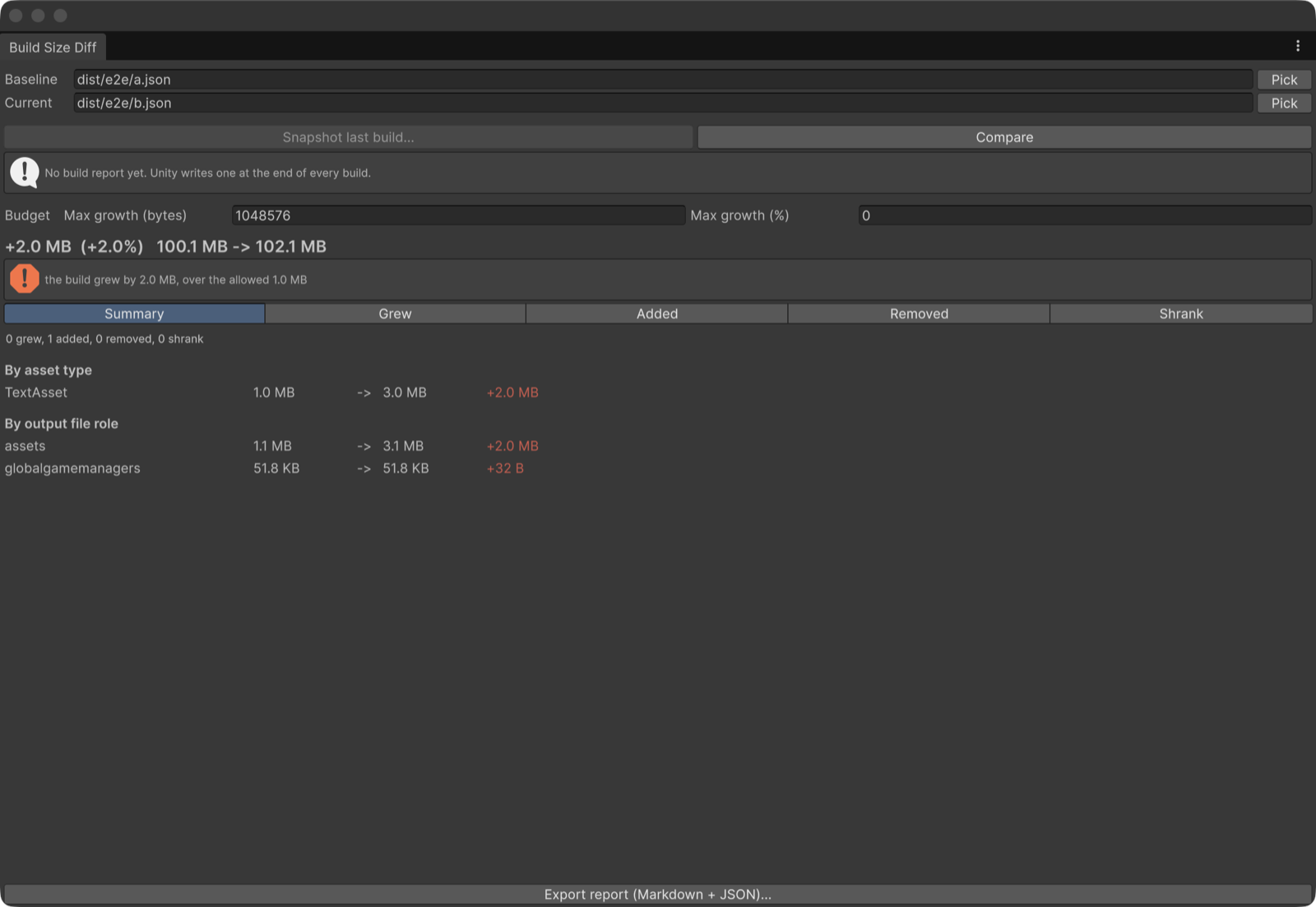 Build Size Diff window: +2.0 MB, over the allowed 1.0 MB