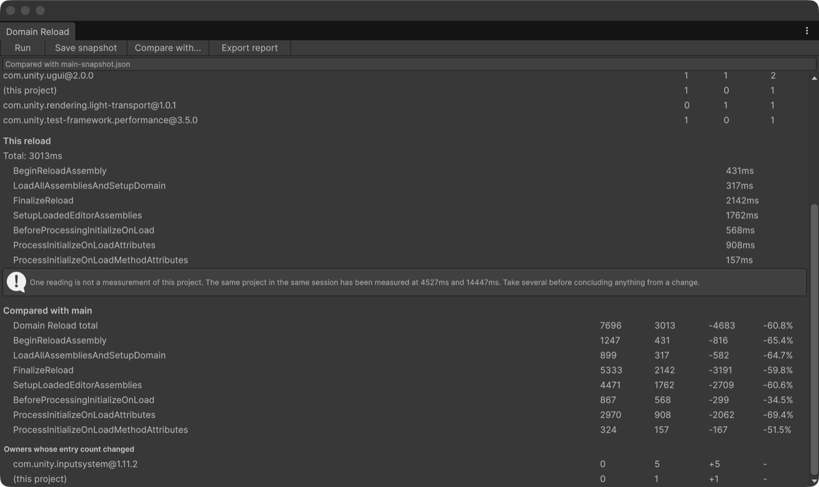 Comparison with the main snapshot: com.unity.inputsystem named with +5