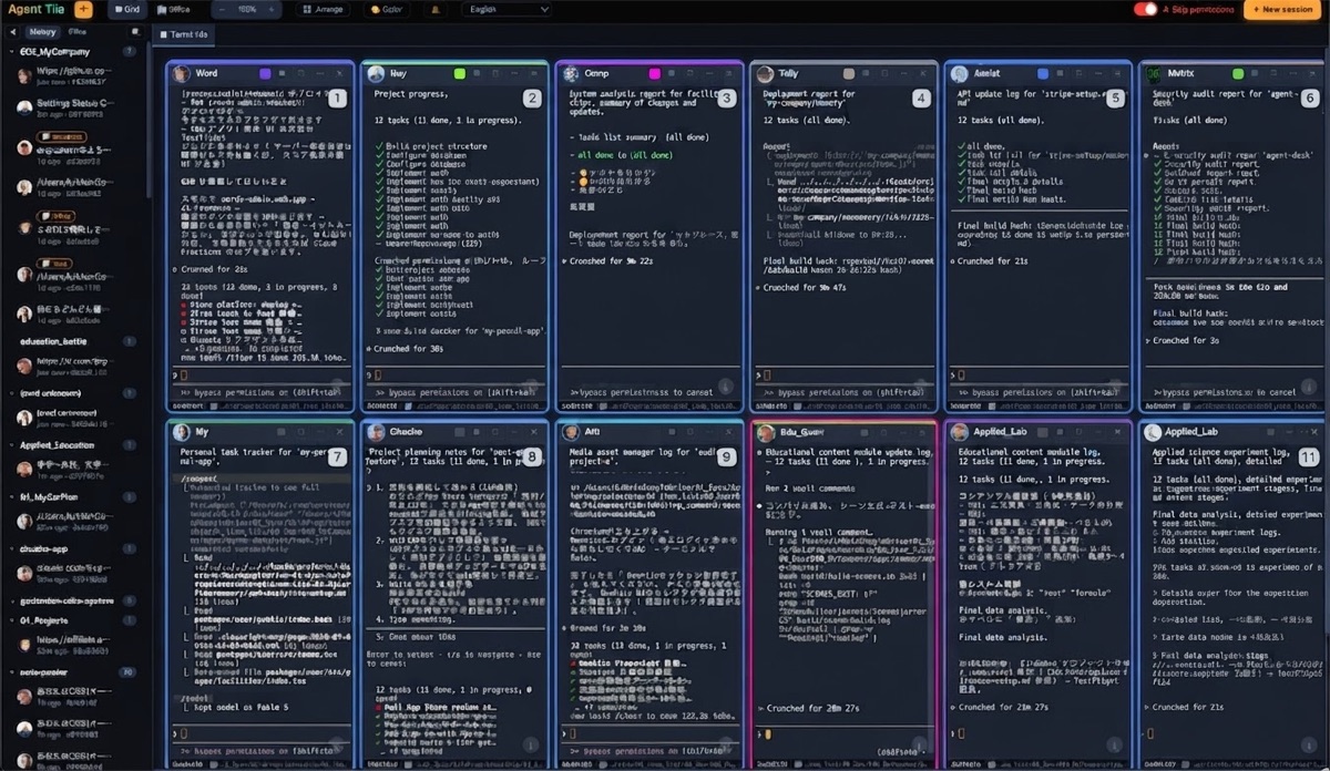 Agent-Desk running many tiled Claude Code sessions on one screen